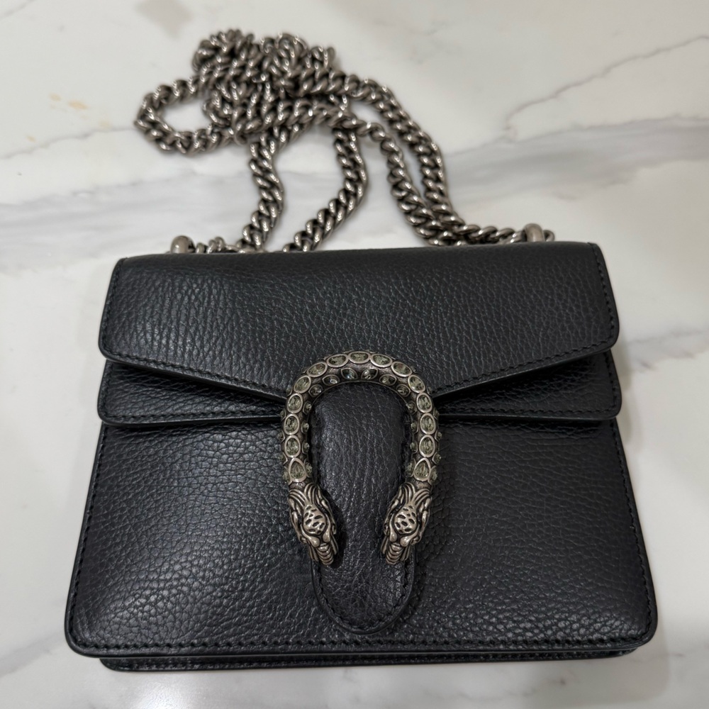Gucci Black Leather Dionysus Medium Crossbody Bag with Silver Chain